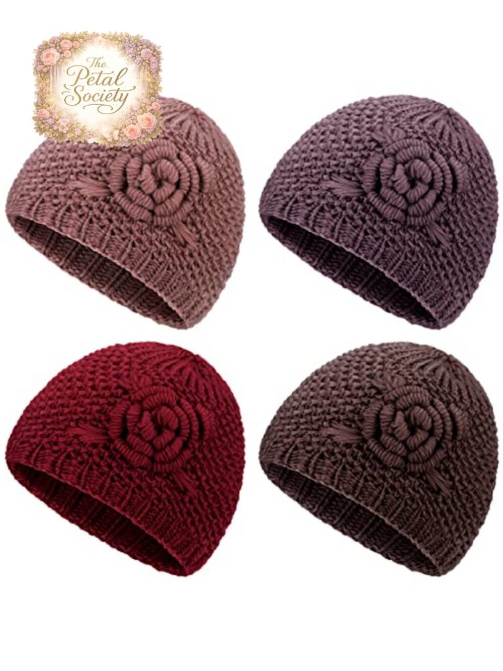 Floral Knitted Beanie Warm Winter Hats Flannelette Lined Caps